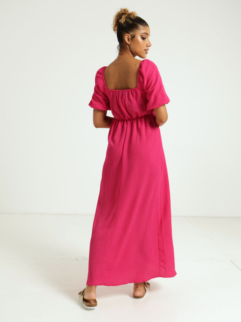 Keyhole Front Puff Sleeve Dress - Pink