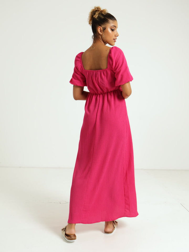 Keyhole Front Puff Sleeve Dress - Pink