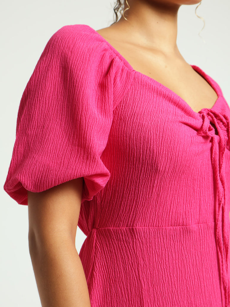Keyhole Front Puff Sleeve Dress - Pink