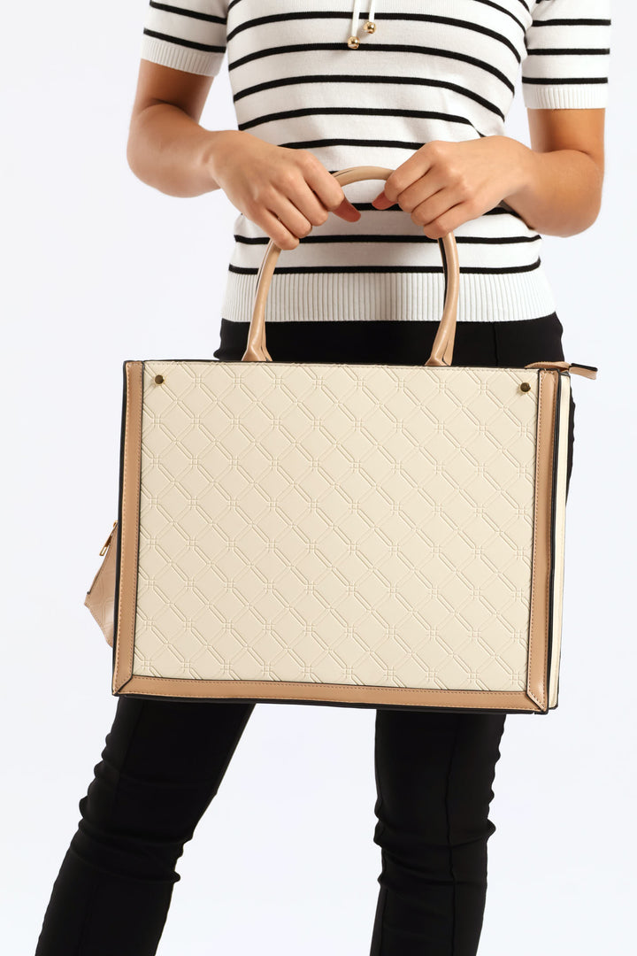 Top Handle Square Embossed Laptop Bag - Cream