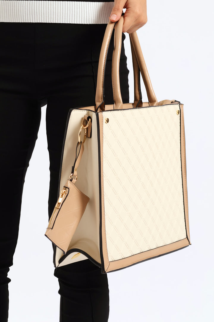 Top Handle Square Embossed Laptop Bag - Cream