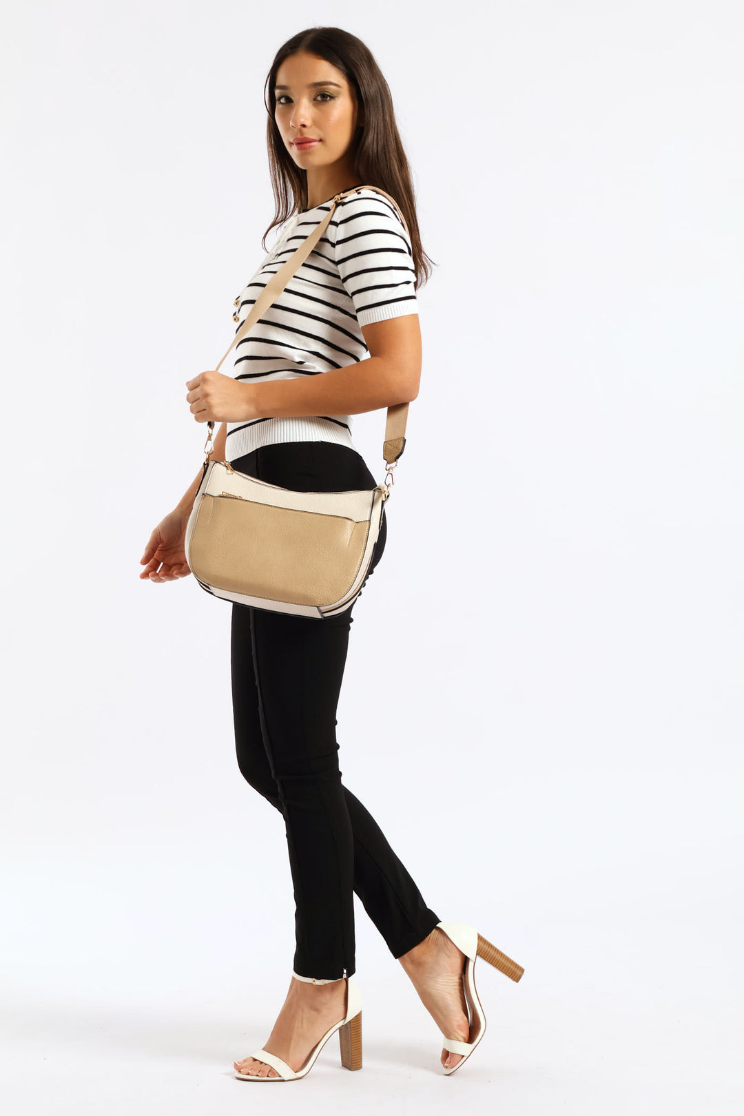 Colour Block Front Zip Curved Crossbody Bag - Taupe