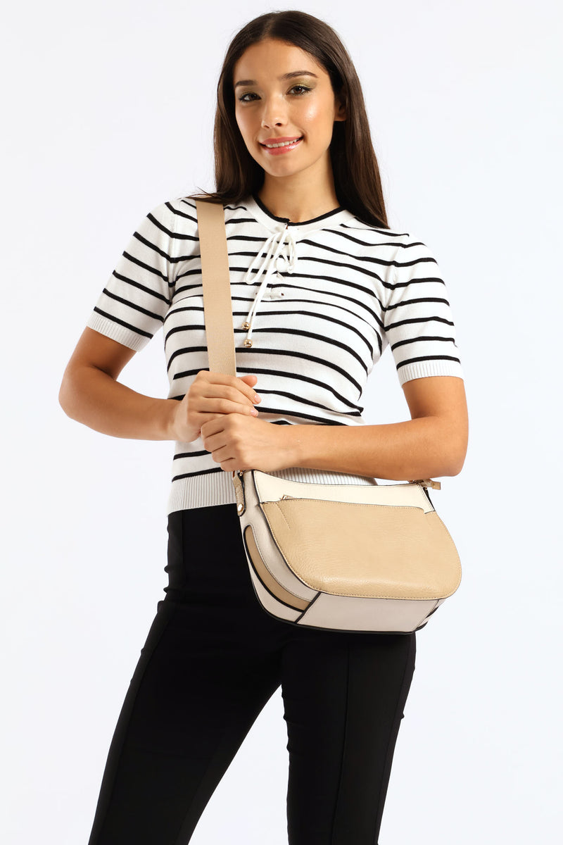 Colour Block Front Zip Curved Crossbody Bag - Taupe