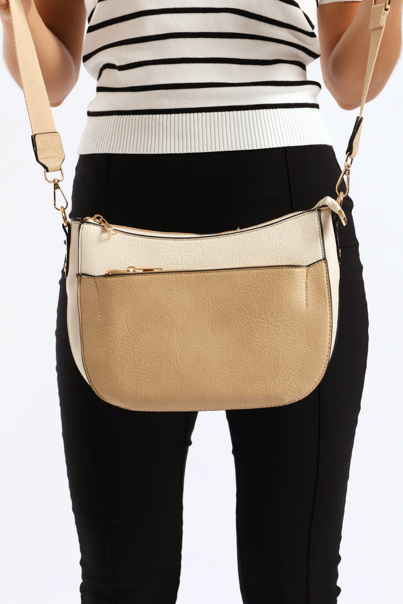 Colour Block Front Zip Curved Crossbody Bag - Taupe