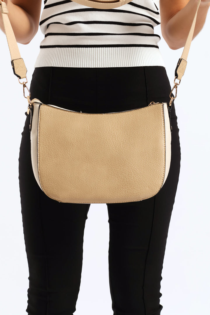 Colour Block Front Zip Curved Crossbody Bag - Taupe