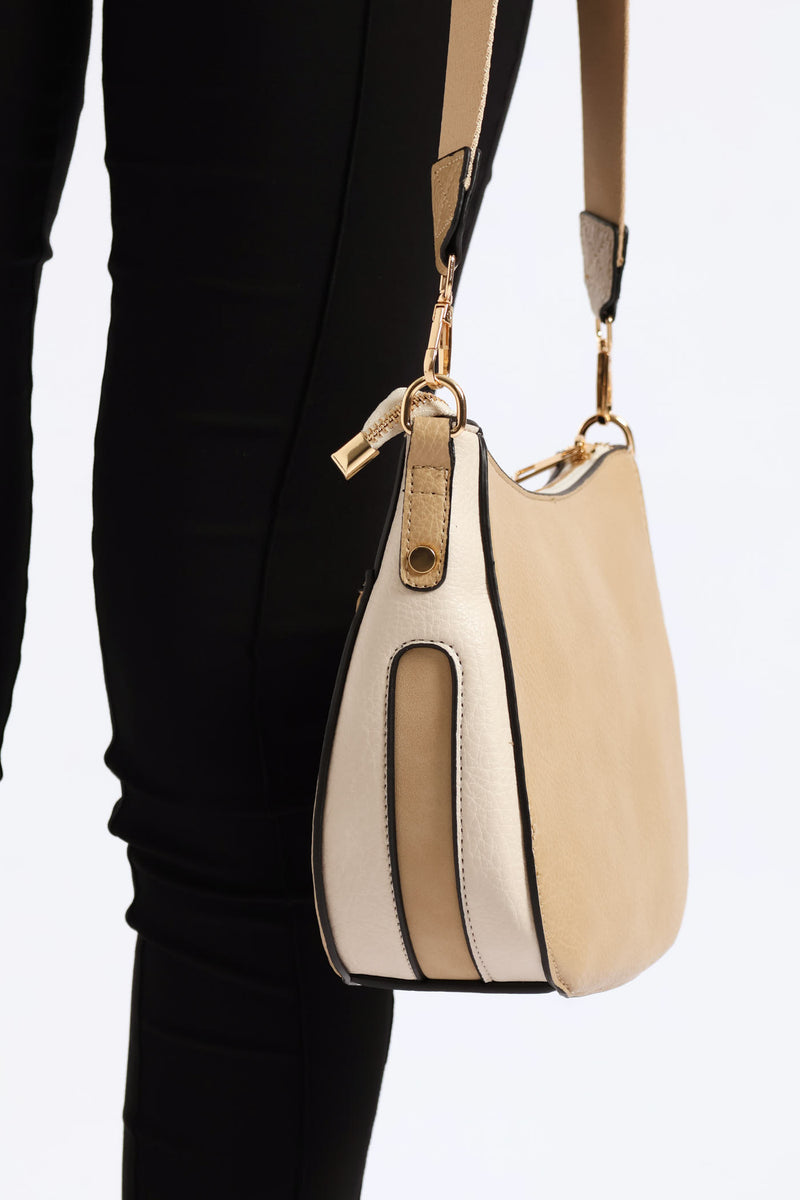 Colour Block Front Zip Curved Crossbody Bag - Taupe