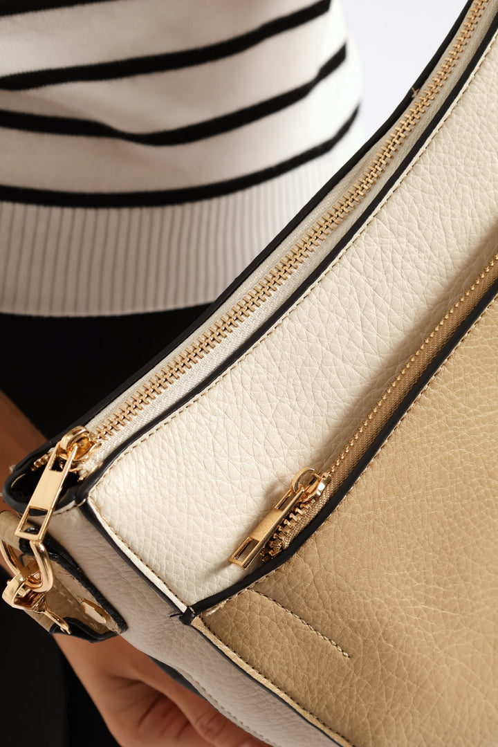 Colour Block Front Zip Curved Crossbody Bag - Taupe