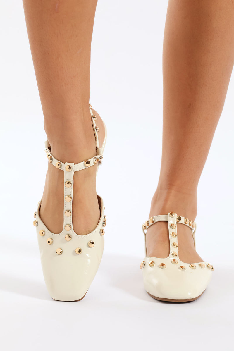 Studded Closed Toe T-Bar Mule - Off White