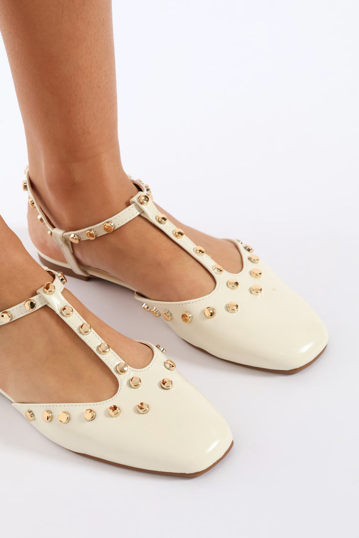 Studded Closed Toe T-Bar Mule - Off White