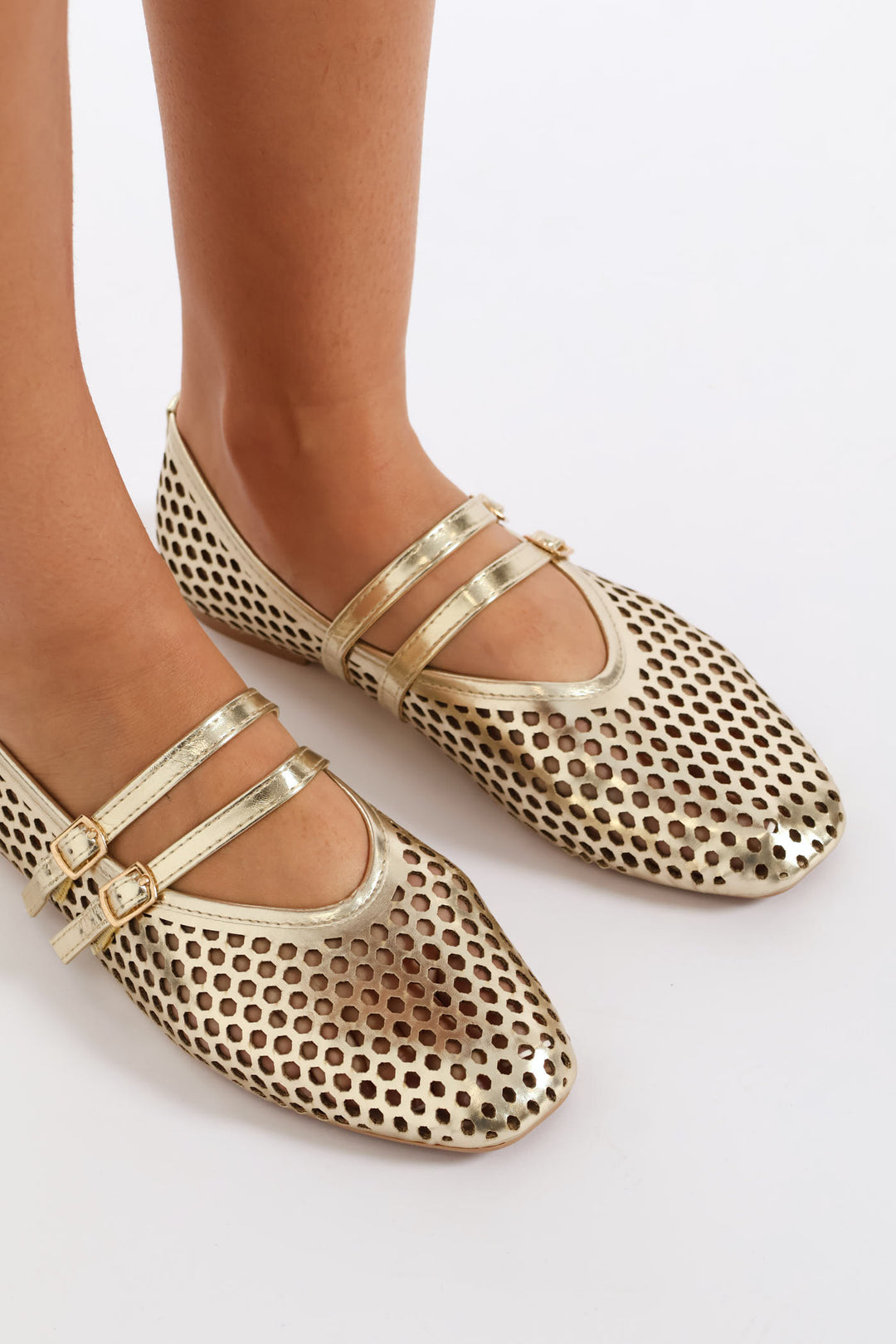 Double Strap Pu Lasercut Maryjane Pump - Gold