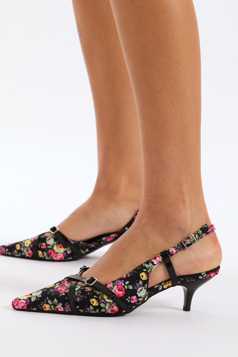 Pointed Toe Floral Slingback Heel - Black