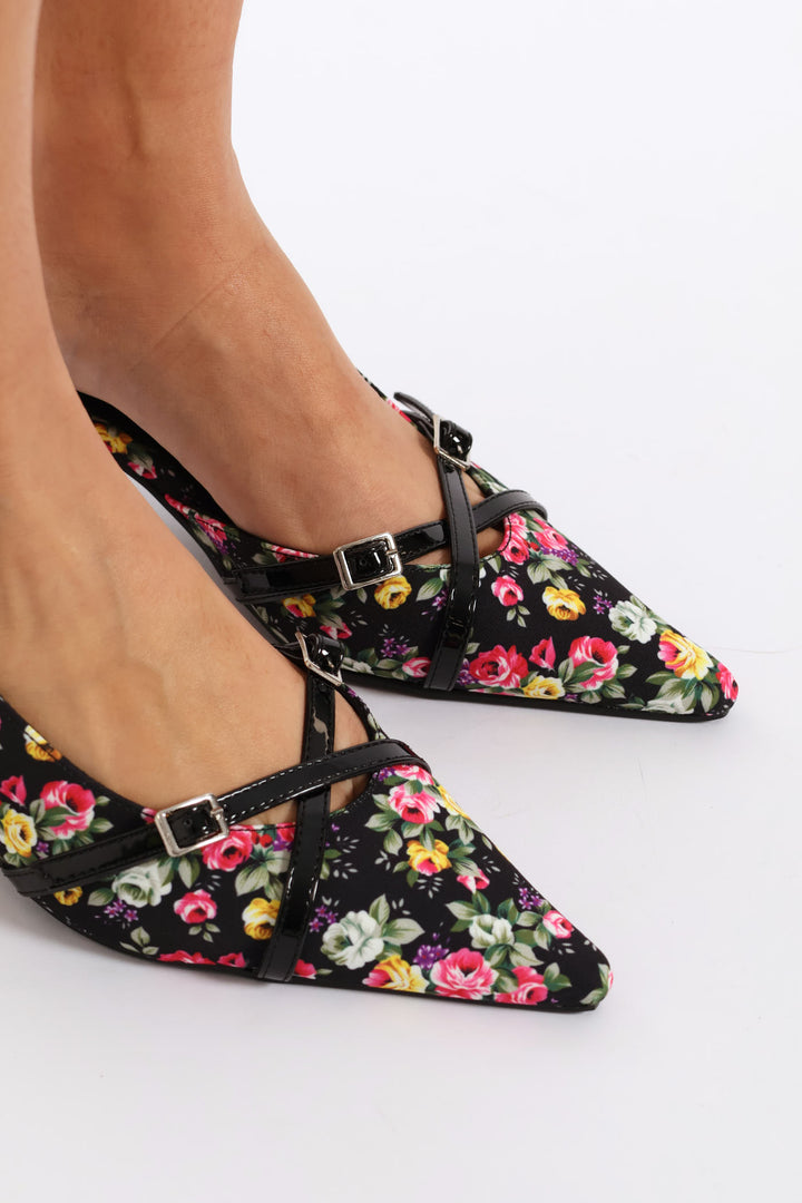 Pointed Toe Floral Slingback Heel - Black