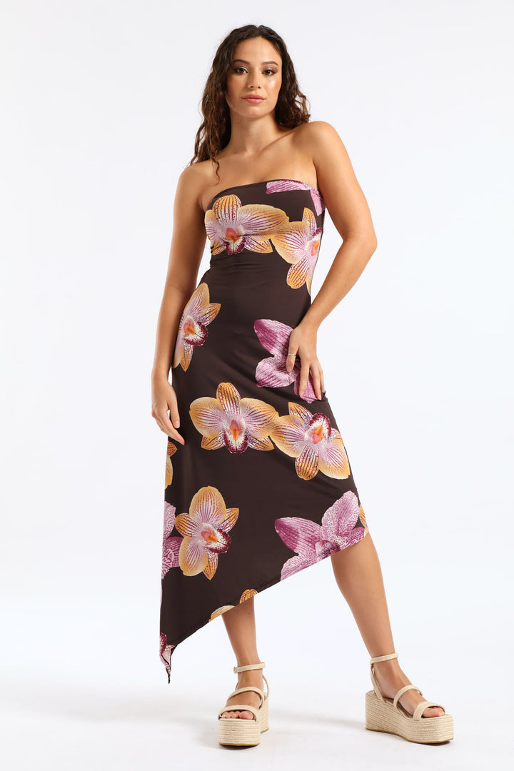 Bold Floral Skin Tight Boobtube Midi Dress - Chocolate