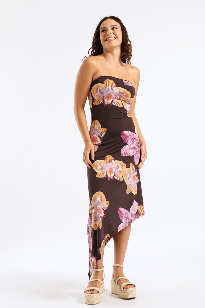 Bold Floral Skin Tight Boobtube Midi Dress - Chocolate