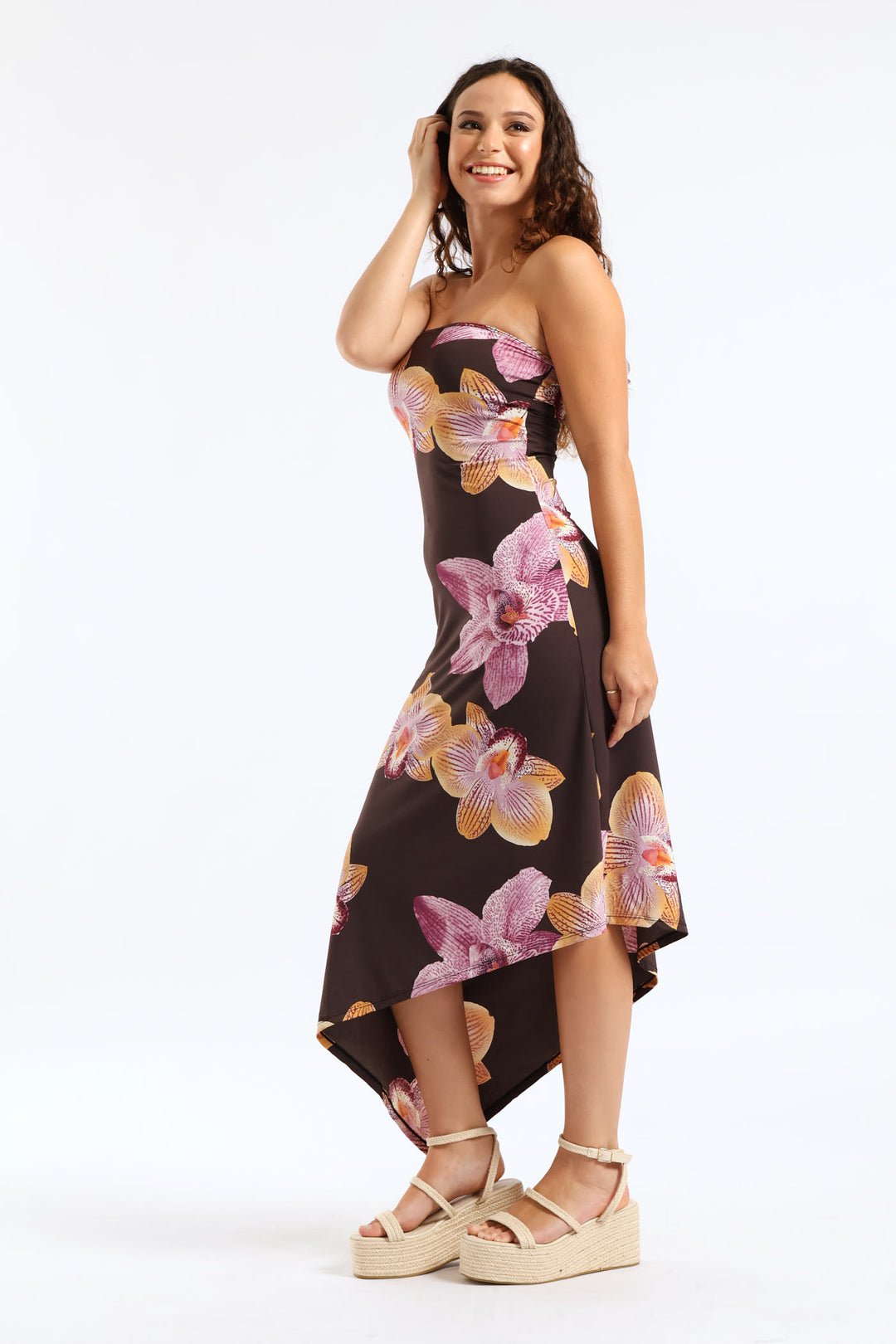 Bold Floral Skin Tight Boobtube Midi Dress - Chocolate
