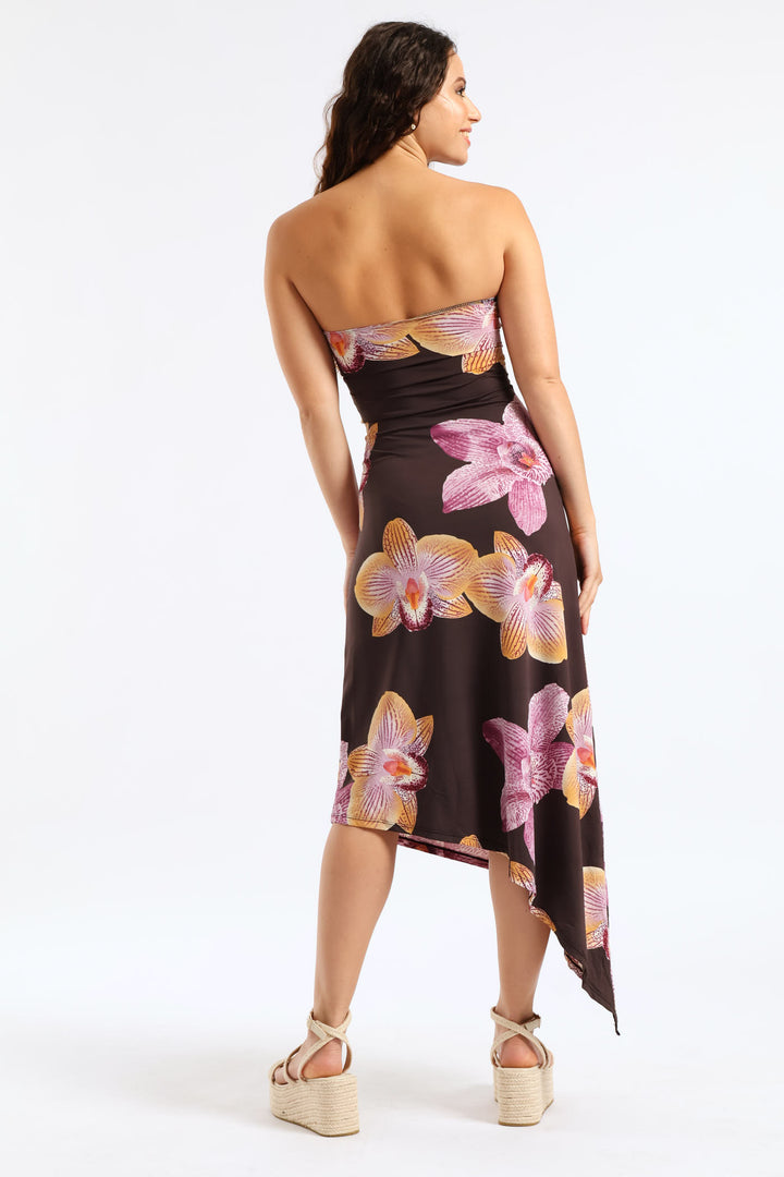 Bold Floral Skin Tight Boobtube Midi Dress - Chocolate