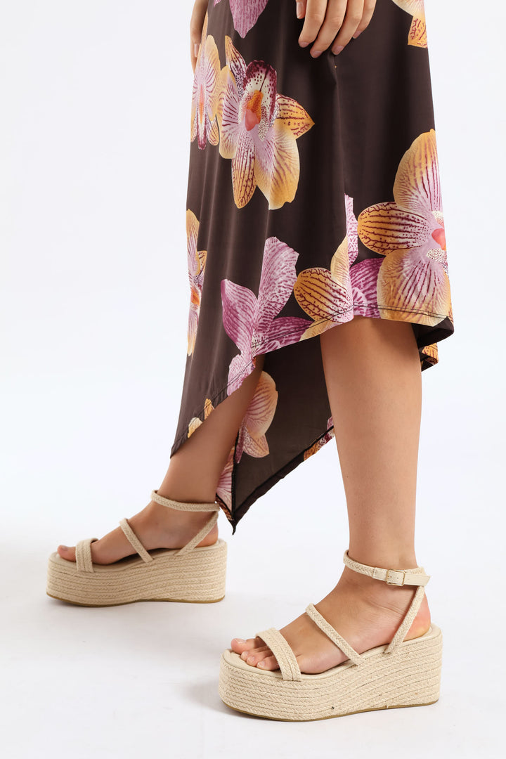 Bold Floral Skin Tight Boobtube Midi Dress - Chocolate