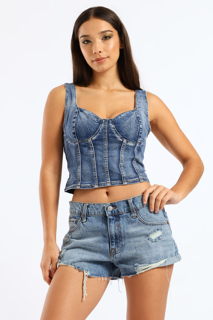 Cropped Woven Bustier Top - Denim