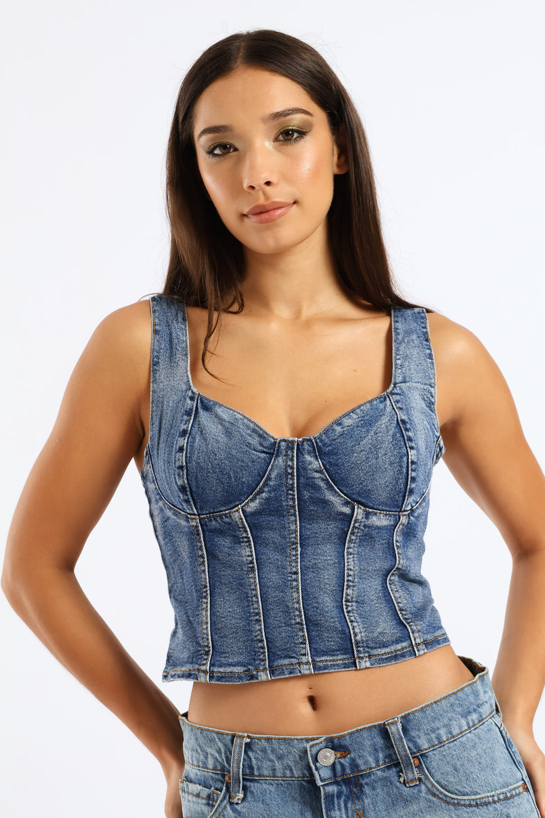 Cropped Woven Bustier Top - Denim