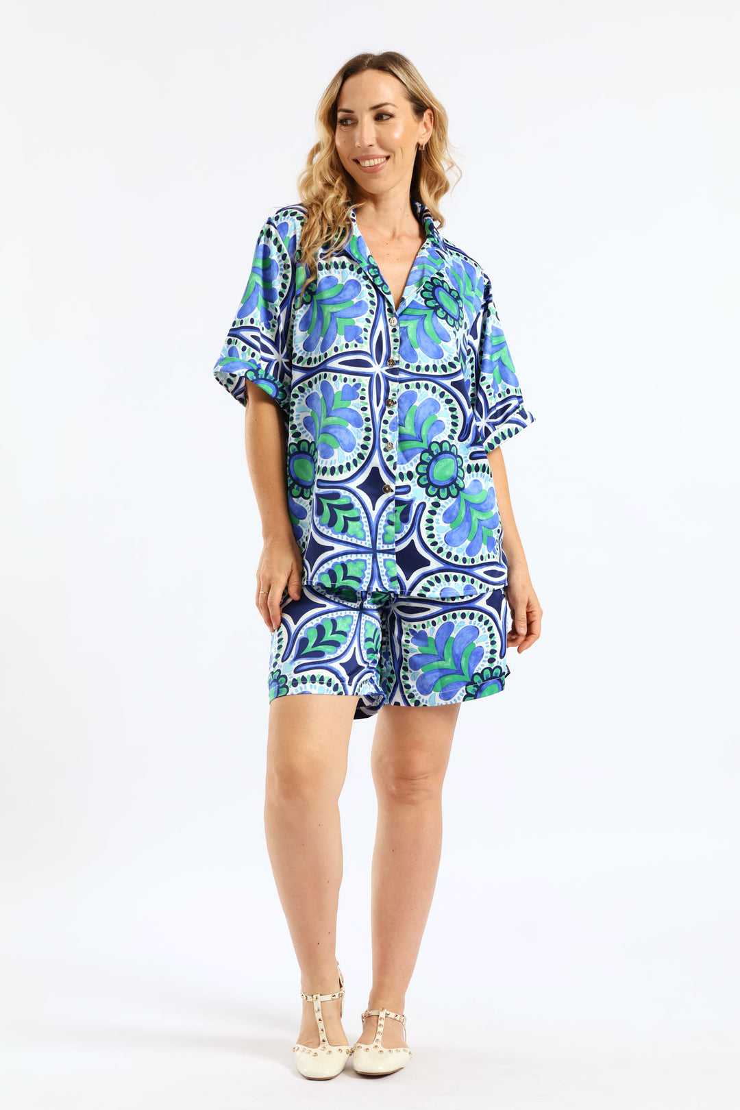 Pull-On Flat Front Satin Shorts - Green/Blue