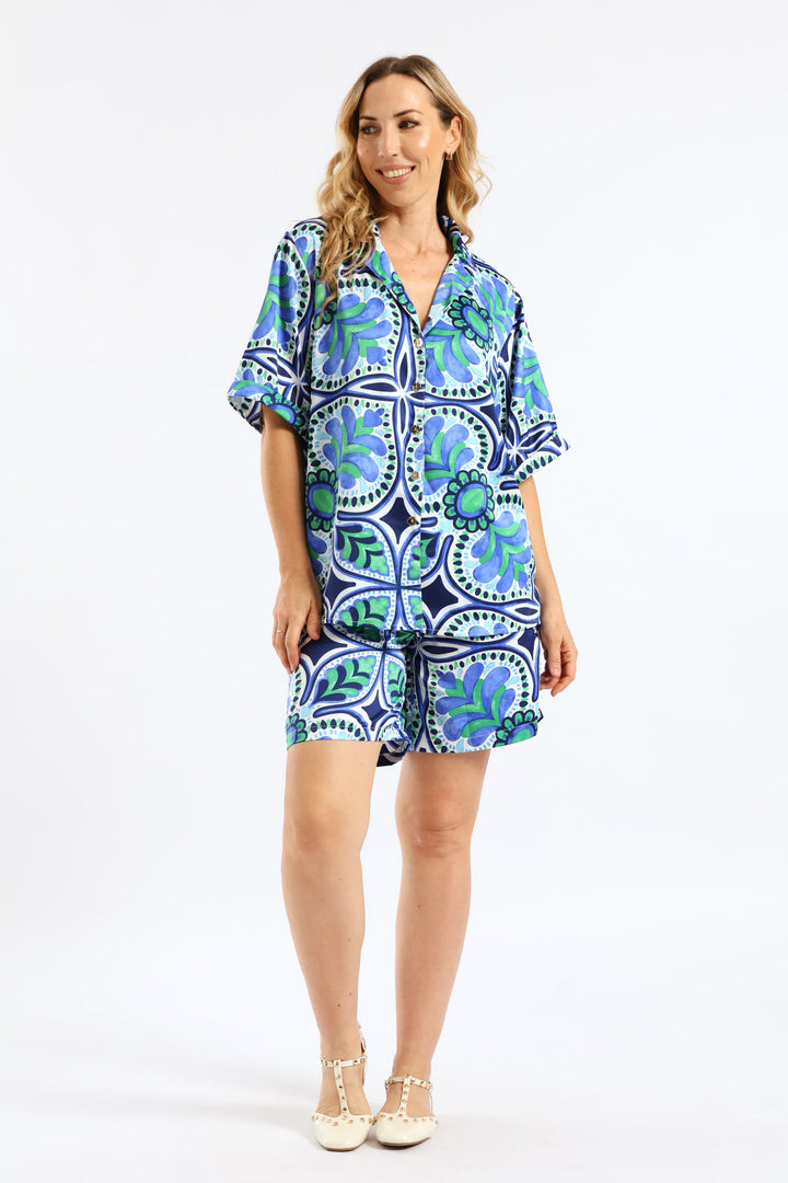 Pull-On Flat Front Satin Shorts - Green/Blue