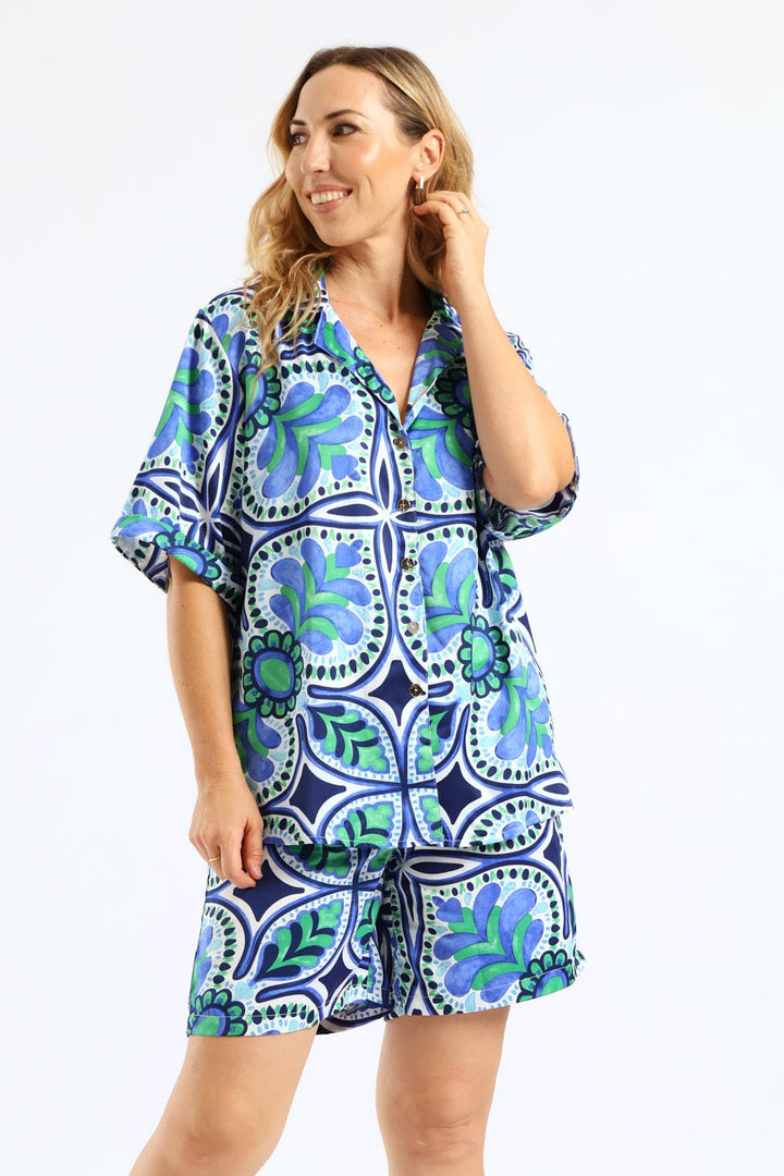 Relaxed Boxy Satin Shirt - Green/Blue