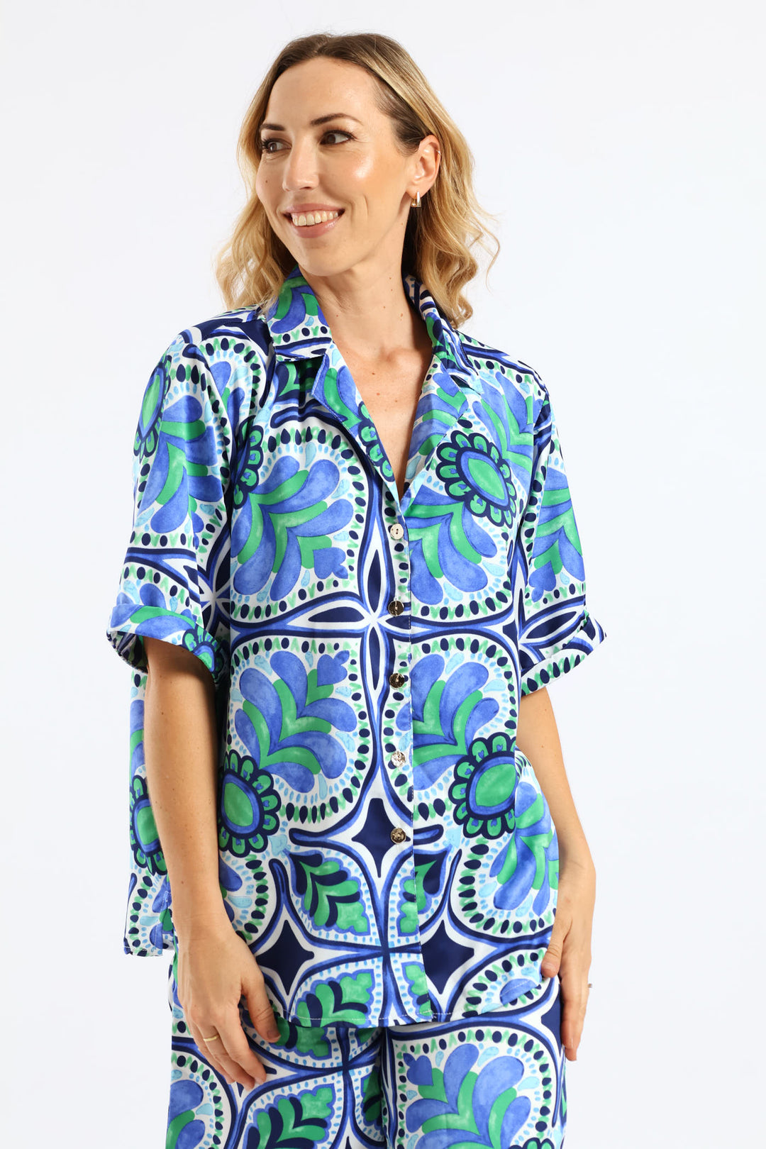 Relaxed Boxy Satin Shirt - Green/Blue