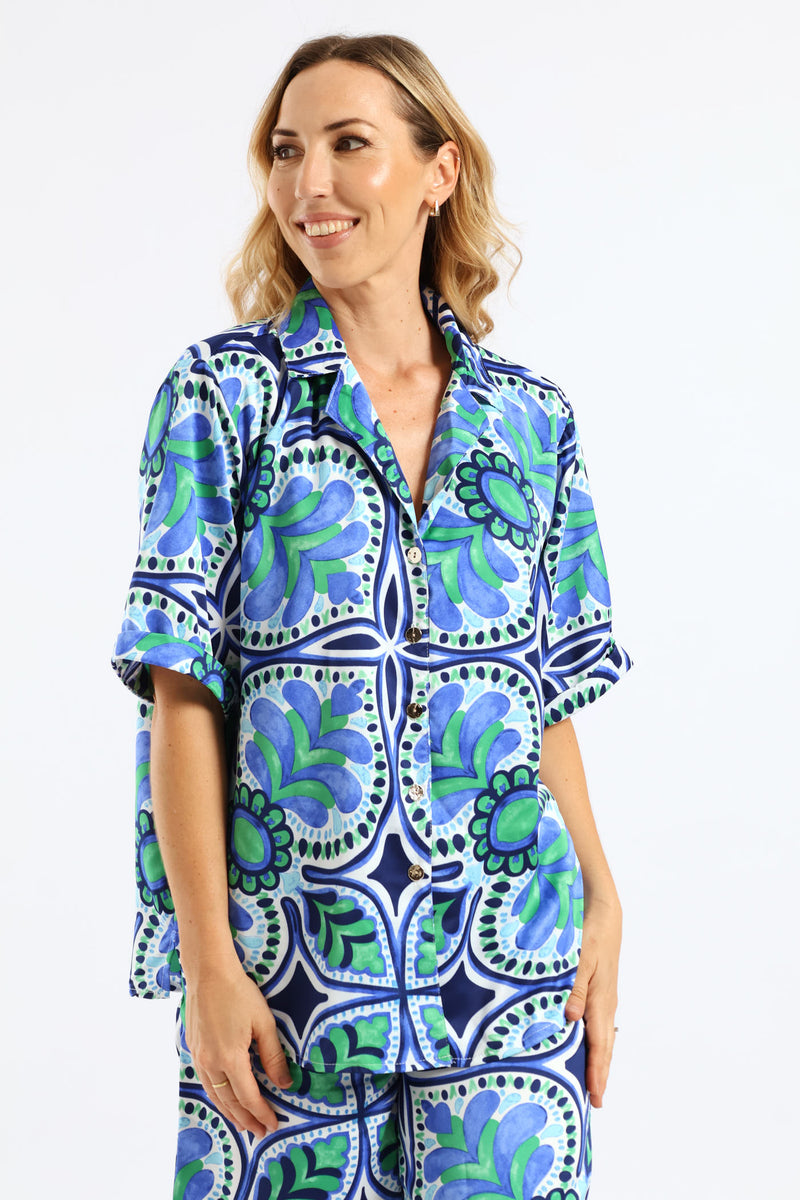 Relaxed Boxy Satin Shirt - Green/Blue