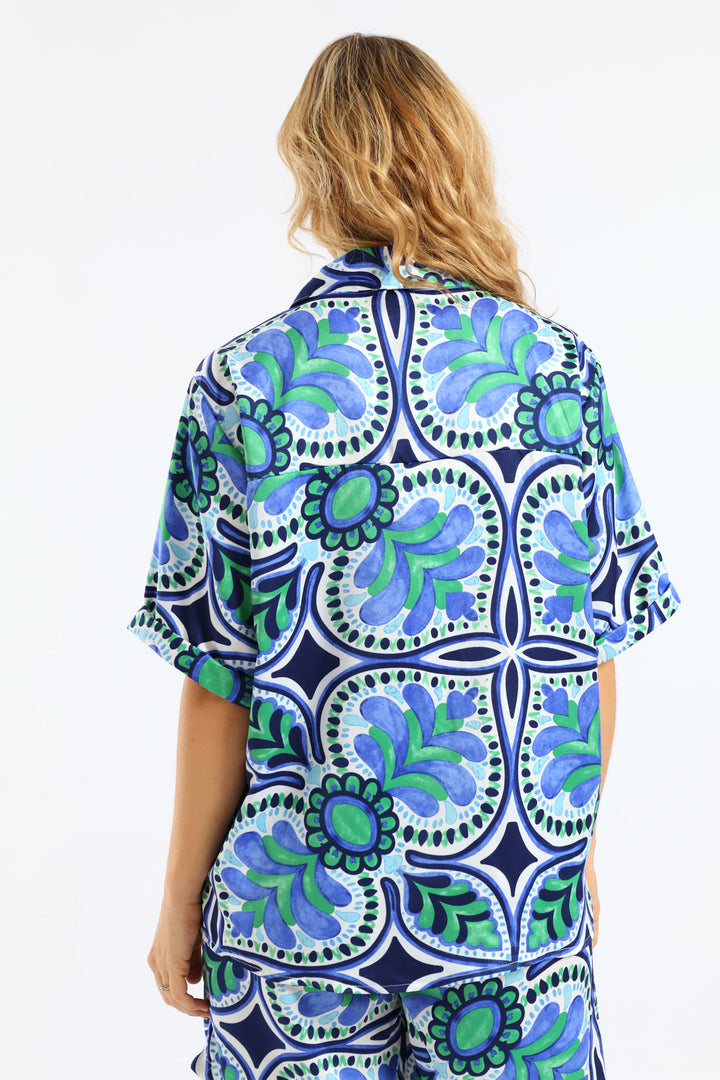 Relaxed Boxy Satin Shirt - Green/Blue