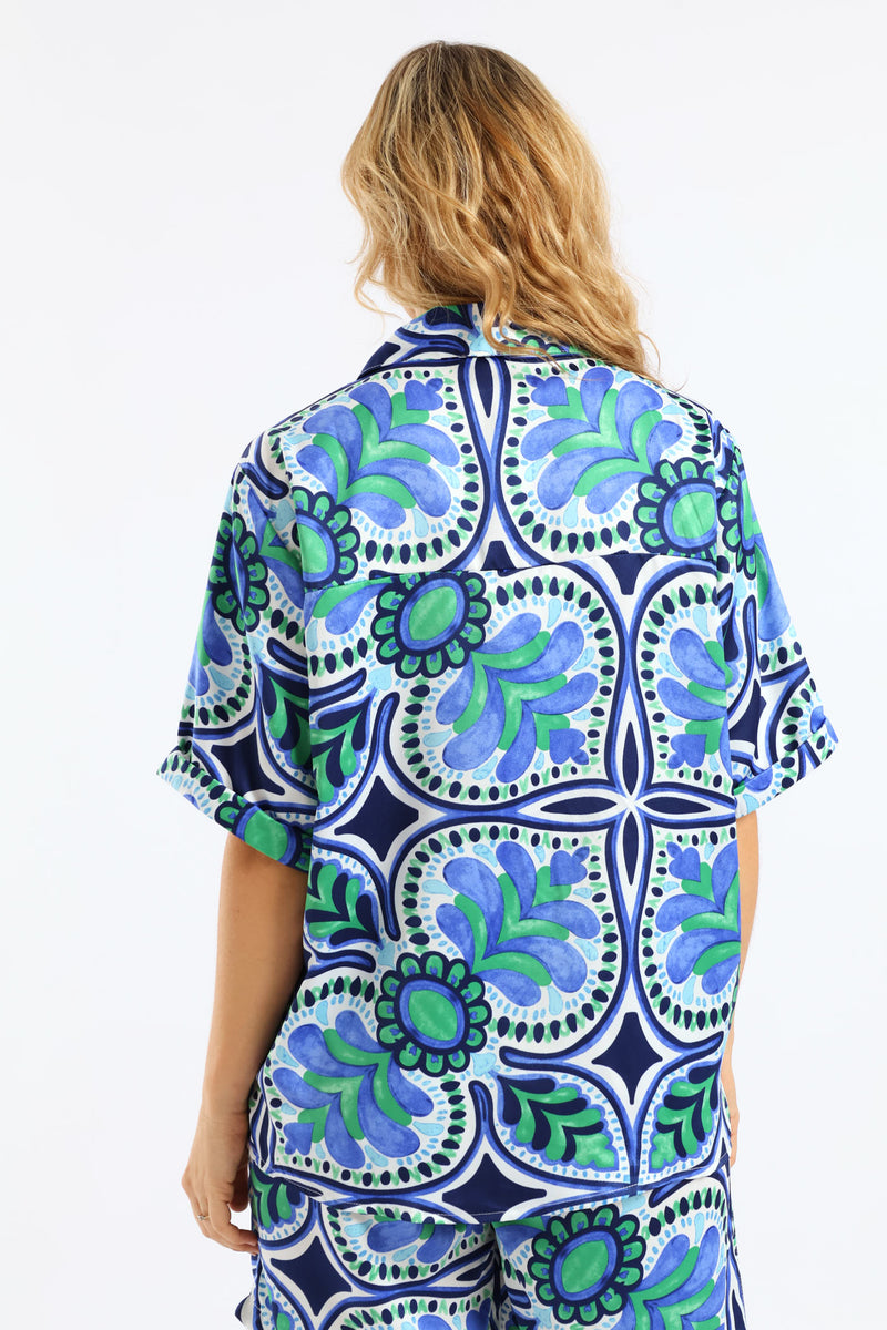 Relaxed Boxy Satin Shirt - Green/Blue