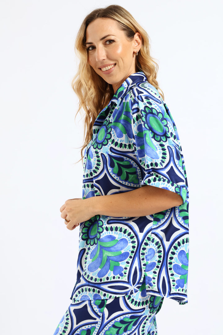 Relaxed Boxy Satin Shirt - Green/Blue
