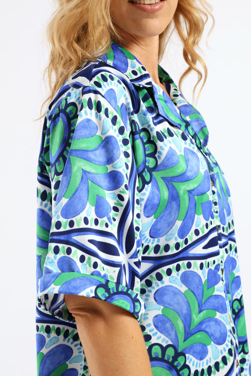 Relaxed Boxy Satin Shirt - Green/Blue