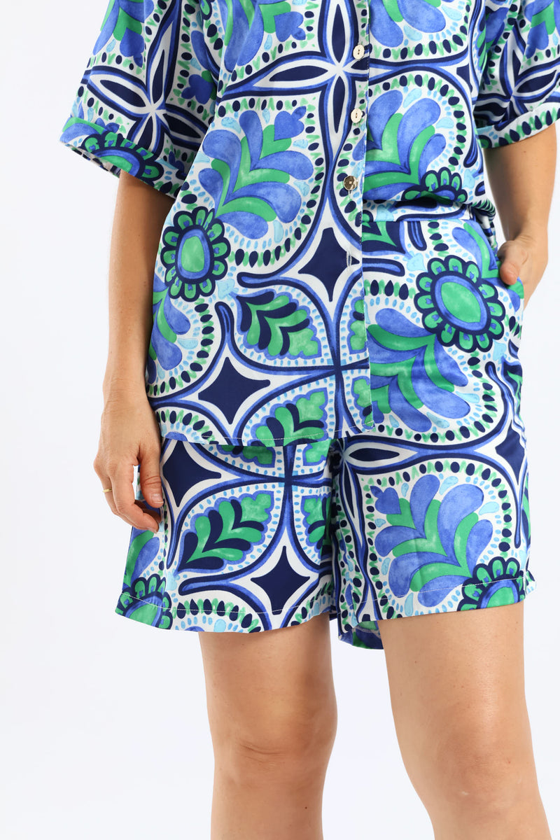 Pull-On Flat Front Satin Shorts - Green/Blue