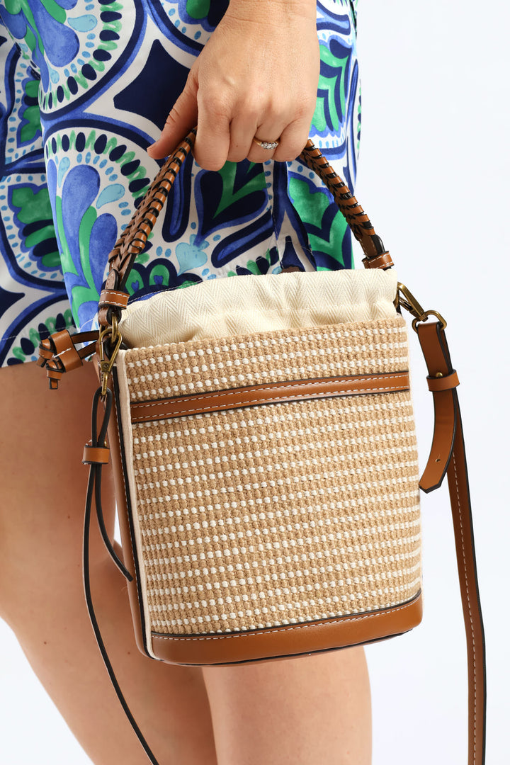 Double Handle Straw Panel Bucket Bag - Tan