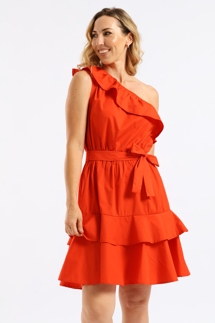 One Shoulder Frill Self Belted Tiered Mini Dress - Bright Orange