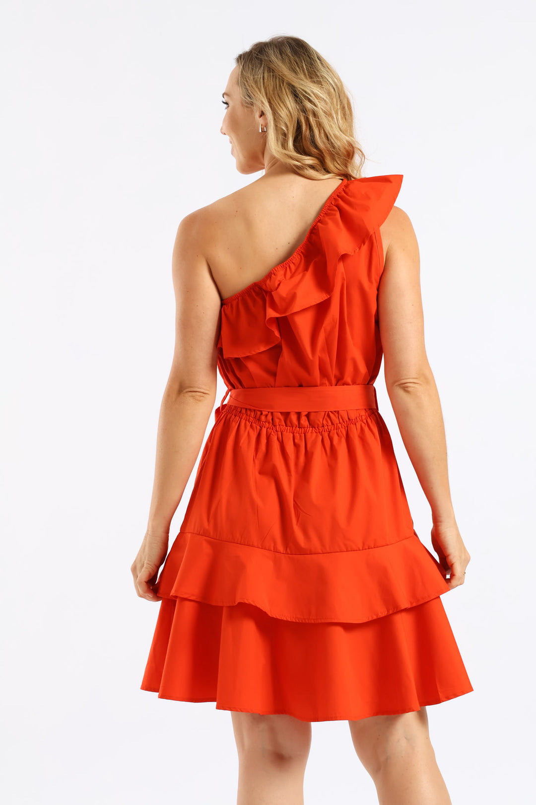One Shoulder Frill Self Belted Tiered Mini Dress - Bright Orange