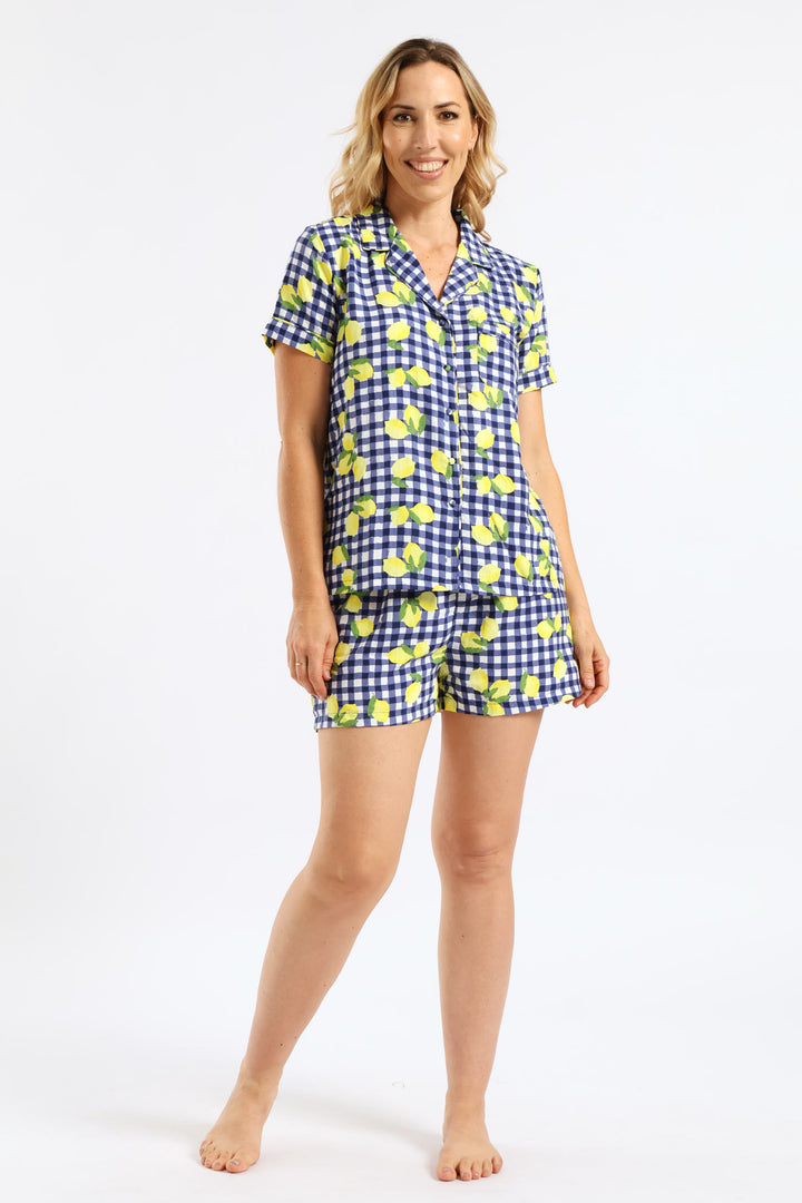 Woven Lemon Gingham Button Through Short Set - White/Navy