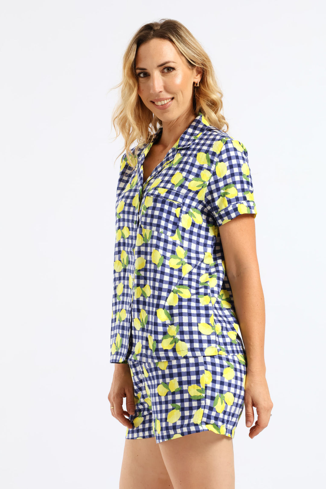 Woven Lemon Gingham Button Through Short Set - White/Navy