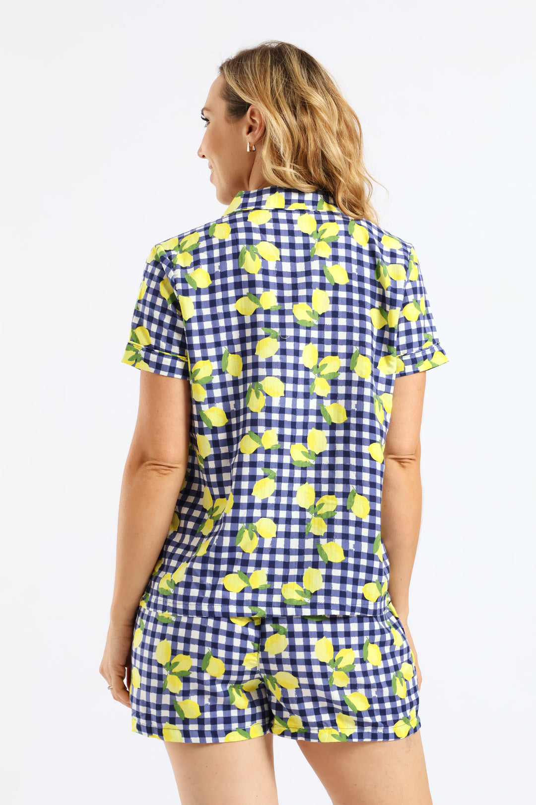 Woven Lemon Gingham Button Through Short Set - White/Navy