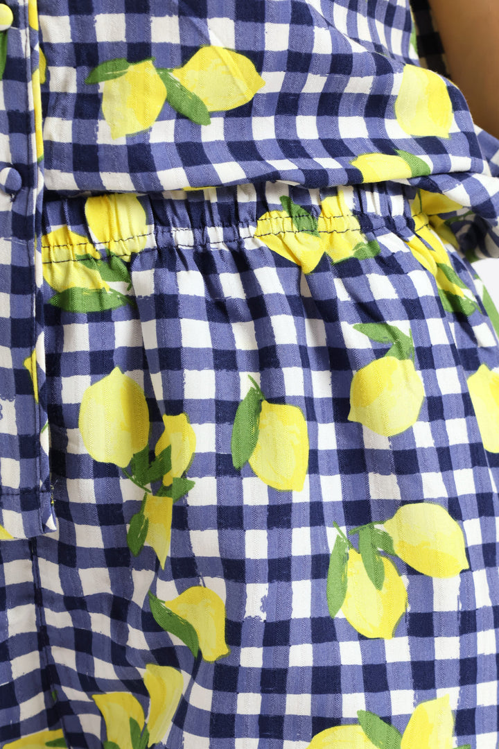 Woven Lemon Gingham Button Through Short Set - White/Navy