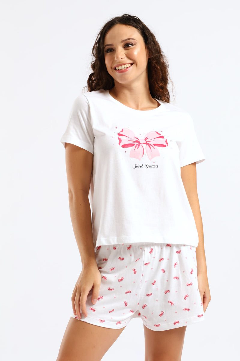 Diamante Bow Detail Knit Short Set - White