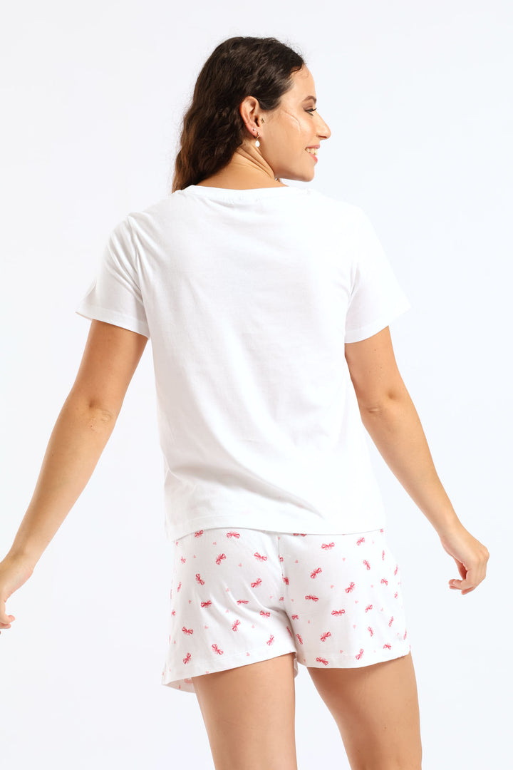 Diamante Bow Detail Knit Short Set - White