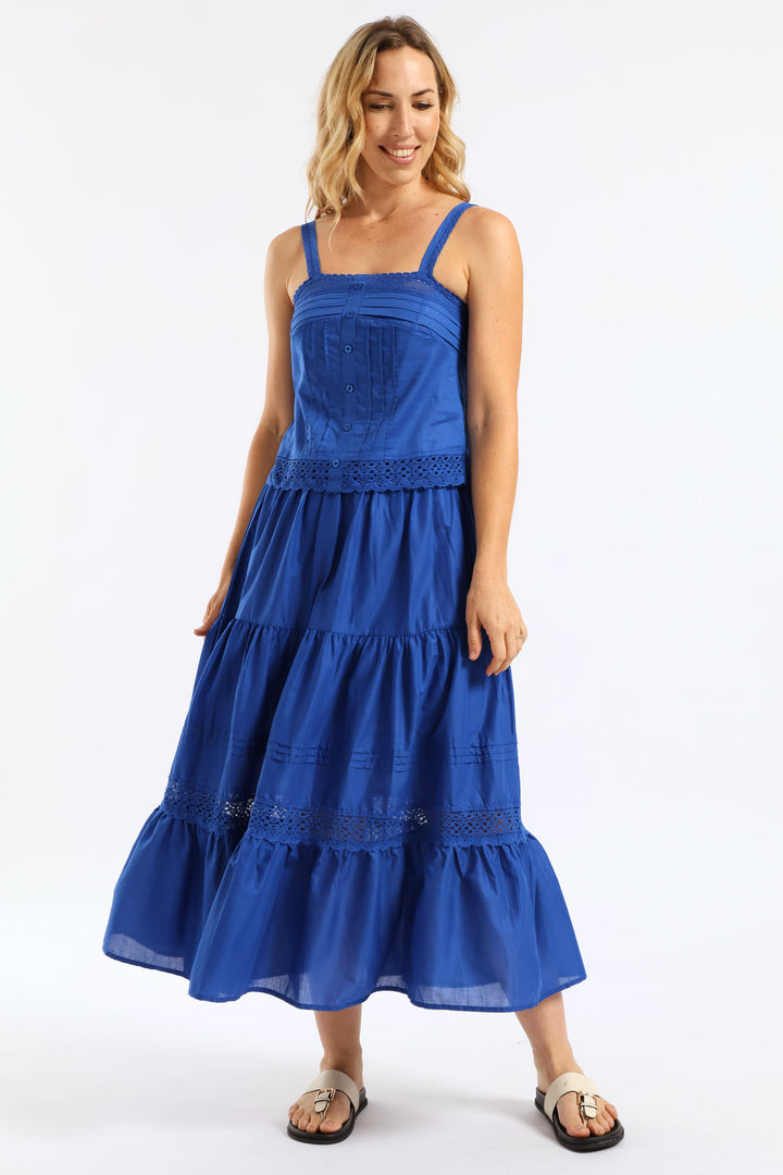 Lace Trim Pull On Tiered Flare Skirt - Mid Blue