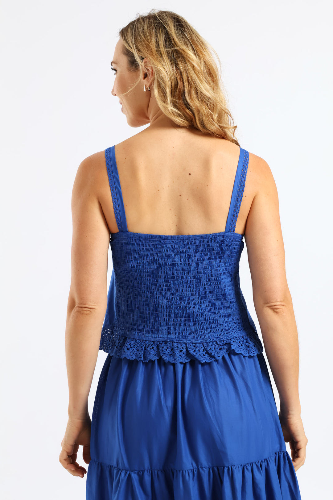 Button Through Lace Trim Pintuck Crop Cami - Mid Blue