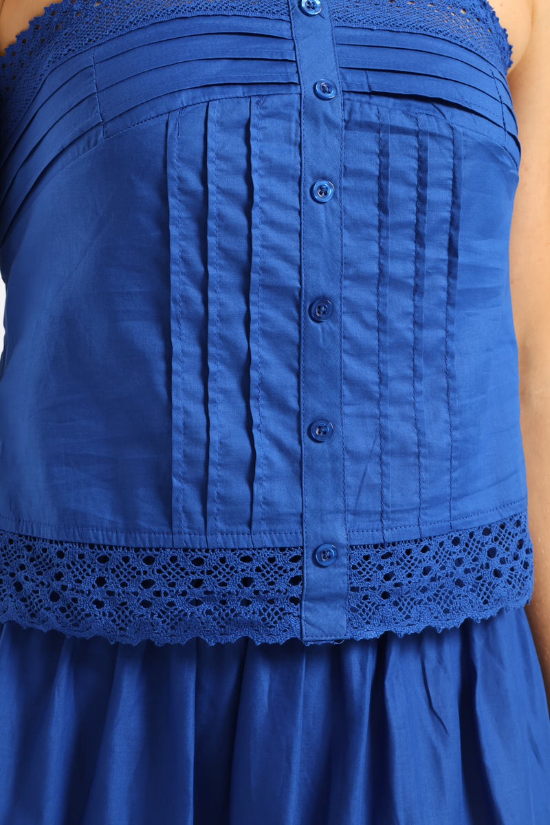 Button Through Lace Trim Pintuck Crop Cami - Mid Blue