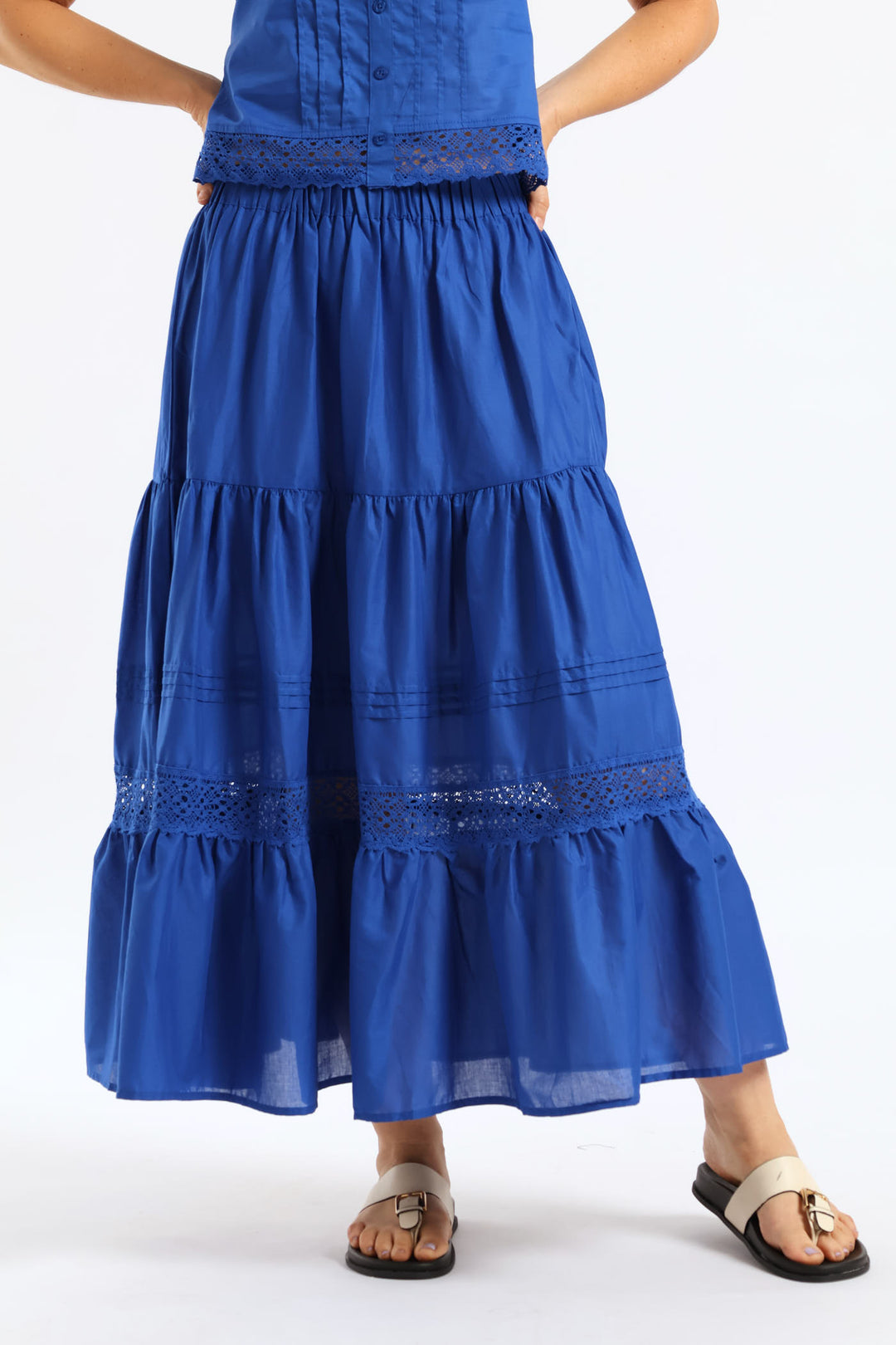 Lace Trim Pull On Tiered Flare Skirt - Mid Blue