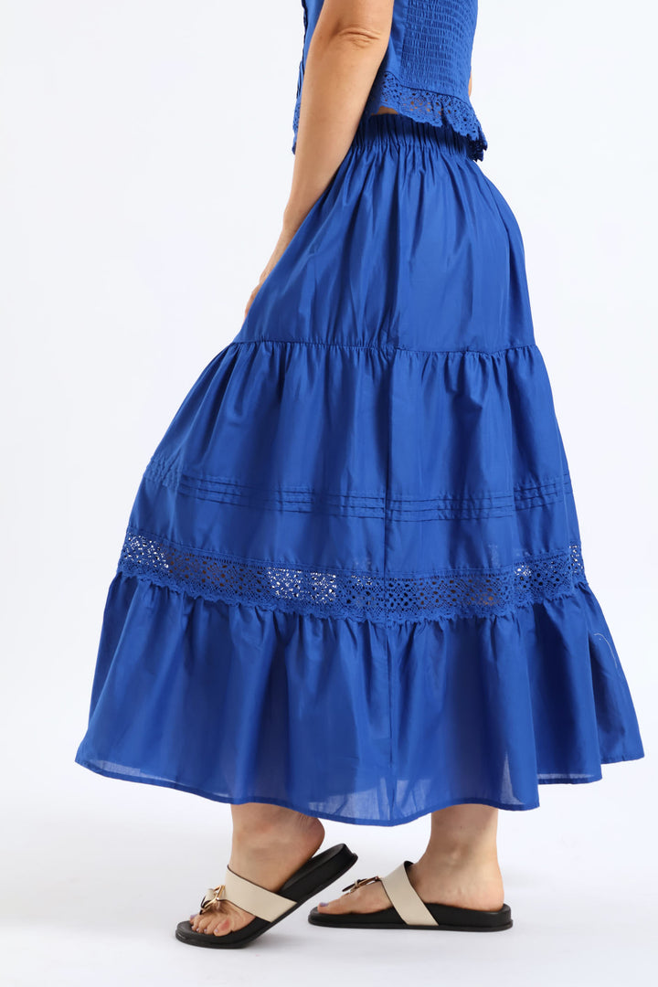 Lace Trim Pull On Tiered Flare Skirt - Mid Blue