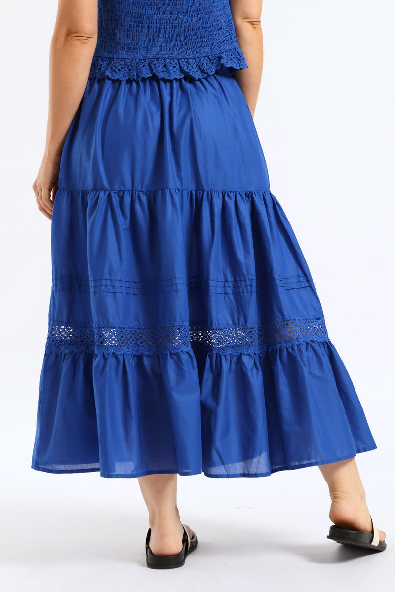 Lace Trim Pull On Tiered Flare Skirt - Mid Blue