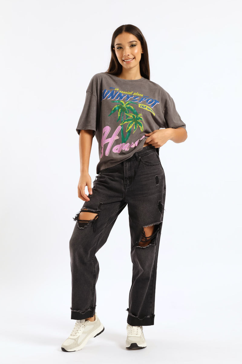 Oversized Washed Tropical Tee - Charcoal
