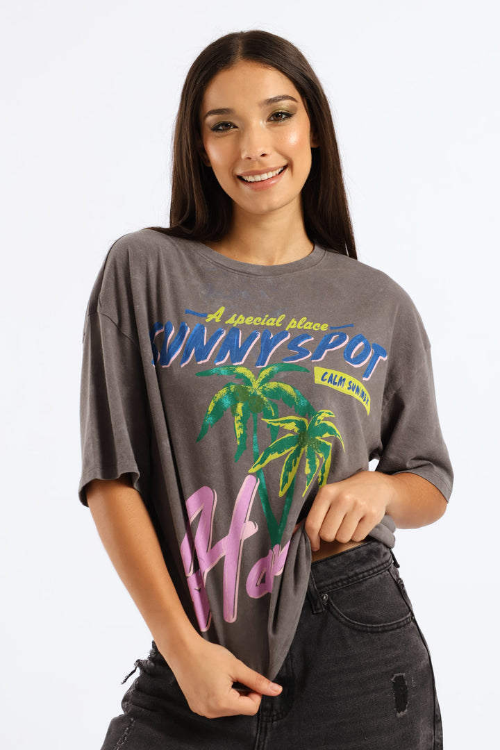 Oversized Washed Tropical Tee - Charcoal